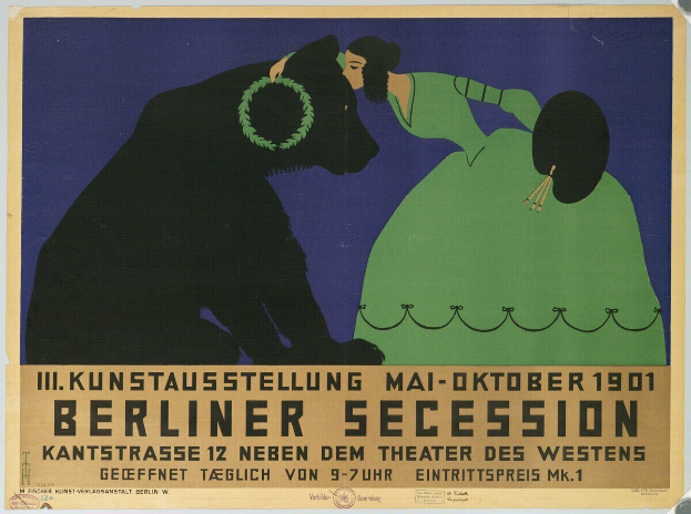 Plakat für die Berliner Secession mit einer Frau in einem grünen Kleid und einem Mann in einem schwarzen Anzug mit Text zur Beschreibung des Ereignisses