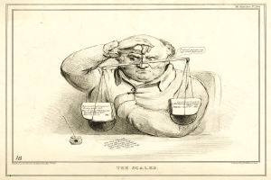 Ein Anwalt im Anzug sitzt an einem Tisch mit einer Waage vor ihm, die er mit Text und Zahlen markiert.