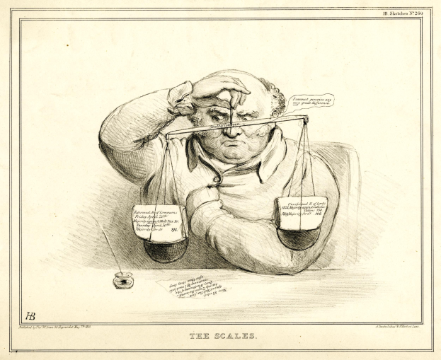 Ein Anwalt im Anzug sitzt an einem Tisch mit einer Waage vor ihm, die er mit Text und Zahlen markiert.