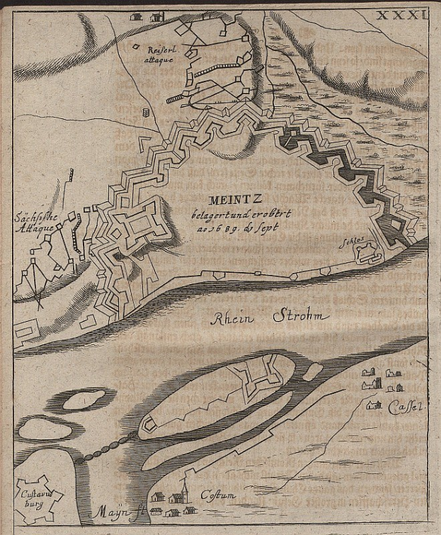 Alte detaillierte Karte von Meintz, Deutschland, zeigt Straßen, Gebäude, Sehenswürdigkeiten und textuelle Informationen zur Bevölkerung, Lage und Geschichte der Stadt.
