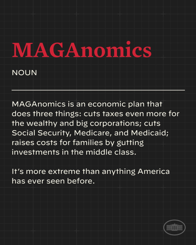 Plakat mit fettem schwarzem Text auf einem weißen Hintergrund, der von einem schmalen schwarzen Rand umrahmt wird und "Maganomics: Ein Wirtschaftsplan, der drei Dinge tut: Senkt Steuern sogar noch mehr für die Reichen und große Unternehmen."