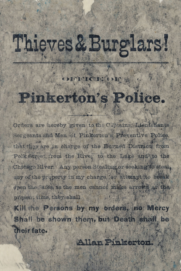 Ein Plakat mit fetter schwarzer Schrift, die 'Thieves & Burglars Pinkerton's Police' lautet, mittig auf einem weißen Hintergrund, umrahmt von einem schmalen schwarzen Rand.