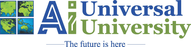 Das Universitätslogo der Universal University zeigt einen blauen Kreis mit einer weißen Umrandung und einem Stern, umgeben von einem weißen Ring mit blauer Schrift, mit "Die Zukunft ist Hier" in fetter schwarzer Schrift darunter.
