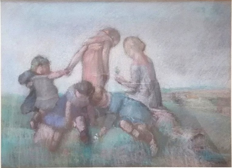 Malerei von Kindern, die auf einem Feld spielen, gerahmt, mit leuchtenden, fröhlichen Farben und spielerischen Ausdrücken.