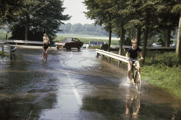 Eine Gruppe von Menschen, die auf Fahrrädern eine Überschwemmte Straße entlangfahren, mit einem daneben fahrenden Auto, umgeben von Gelöndern, Bäumen und Pflanzen unter einem klaren blauen Himmel.
