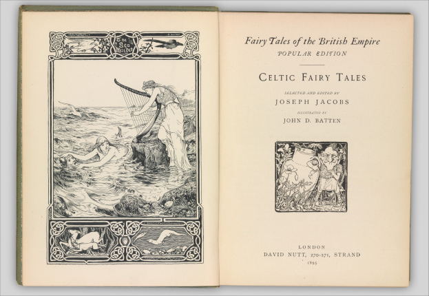 Ein aufgeschlagenes Buch mit einer Illustration eines keltischen Feenmärchens auf dem Einband, das auf einer flachen Oberfläche liegt und sichtbarer Text auf der Seite zu sehen ist.