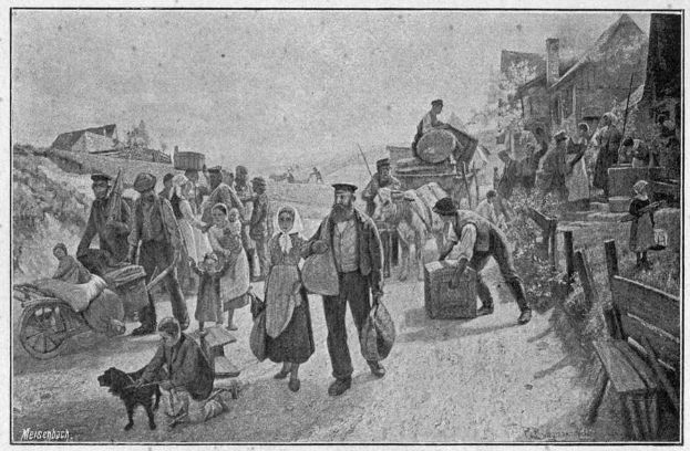 Eine Gruppe von Menschen, einige mit Taschen, geht einen Schotterweg entlang mit einem Hund und einem von Pferden gezogenen Wagen, im Hintergrund sind Häuser und ein klarer Himmel zu sehen; unten steht der Text "Deutsche Flüchtlinge in Deutschland".