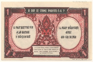 Alte französische Banknote mit einem ernst dreinblickenden Mann in einem Anzug, mit der Aufschrift "A qui le crime profite-il?" auf einem weißen Hintergrund mit schwarzem Rand.