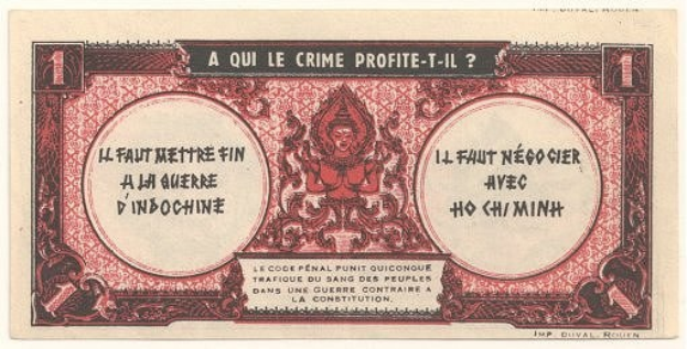 Alte französische Banknote mit einem ernst dreinblickenden Mann in einem Anzug, mit der Aufschrift "A qui le crime profite-il?" auf einem weißen Hintergrund mit schwarzem Rand.