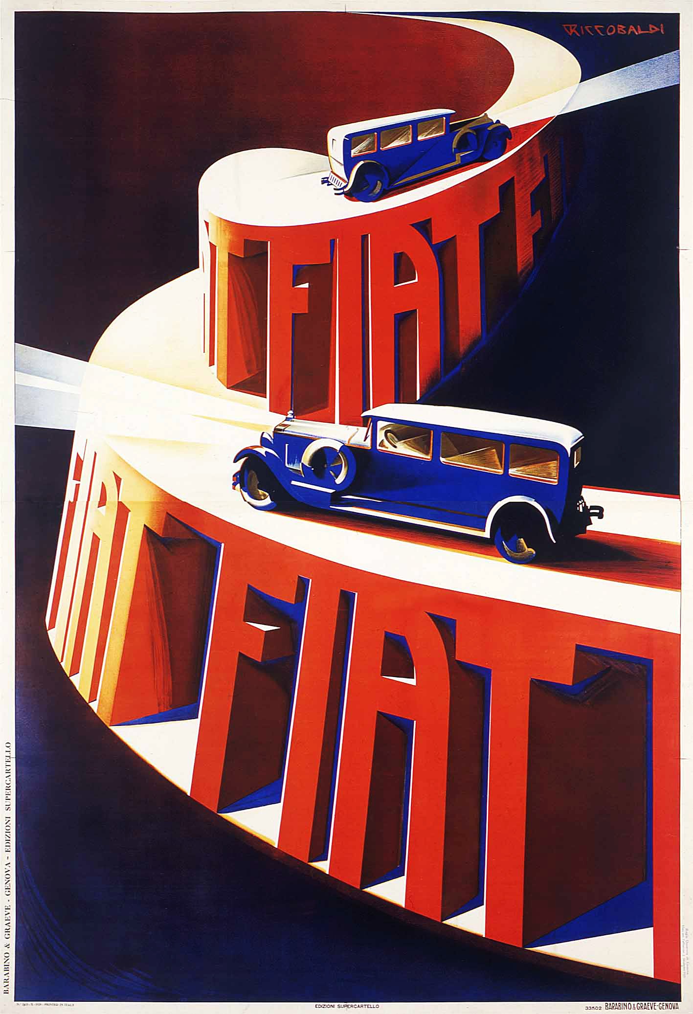 Plakatwerbung für Fiat-Autos mit blauen und roten Fahrzeugen und Text darauf.