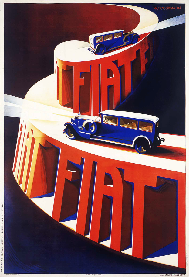 Plakatwerbung für Fiat-Autos mit blauen und roten Fahrzeugen und Text darauf.