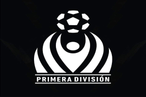 Schwarzes und weißes Primera Division-Logo mit einem Fußball in einem weißen Kreis auf schwarzem Hintergrund, mit "Primera Division" in fetter weißer Schrift darüber.