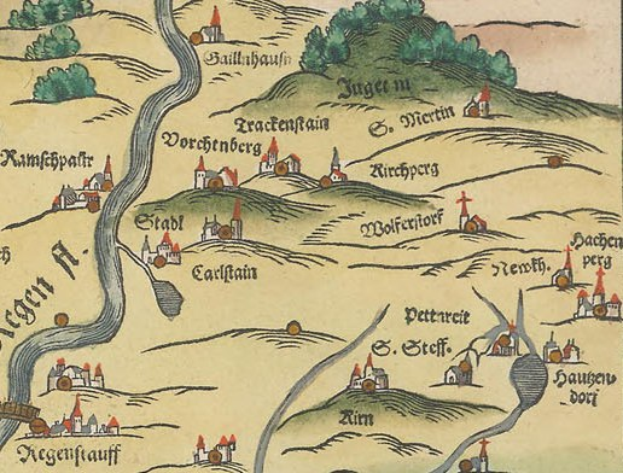 Alte dekorative Karte von Köln, Deutschland, mit üppigen grünen Bäumen, kleinen gemütlichen Häusern und verzierter Schrift.