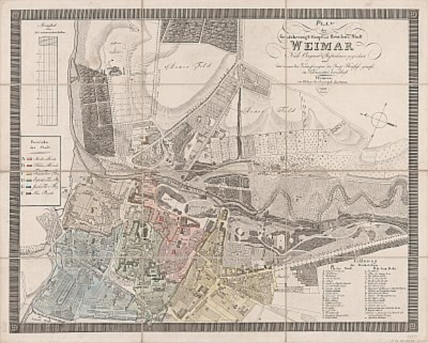 Detailiertes altes Stadtplan von Weimar, Deutschland, das Straßen, Gebäude und Sehenswürdigkeiten zeigt, mit zusätzlichem Text über die Bevölkerung und bemerkenswerte Merkmale.