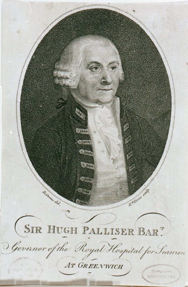 Ein Schwarz-Weiß-Porträt von Sir Hugh Palliser Bar in Anzug und mit ernstem Gesichtsausdruck, mit Text am unteren Bildrand.
