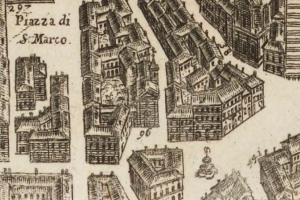 Eine handgezeichnete Stadtansicht mit verschiedenen architektonischen Gebäuden auf Papier mit zusätzlichem Text.