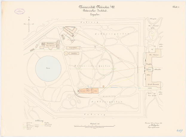 Eine detaillierte Karte von Berlin, Deutschland, mit der Universität Münster in der Mitte, die Gebäude, Straßen und andere Merkmale sowie Text mit Informationen zur Größe, Lage und Ausstattung der Universität zeigt.