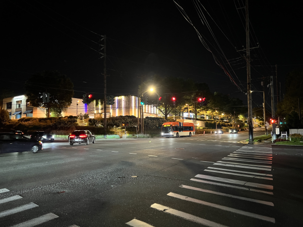 Eine nächtliche Straßenansicht einer Stadt mit fahrenden Autos, einem Bus, Straßenlaternen, Ampeln, Strommasten mit Kabeln, Bäumen, Pflanzen, Gras und Gebäuden im Hintergrund unter einem dunklen Himmel.