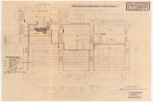 Schwarz-weißer Architekturplan des Rosenhof-Krankenhauses in Hamburg, Deutschland, mit detaillierten Grundrissen und beschrifteten Räumen, Fluren und ausführlicher Verdrahtung.