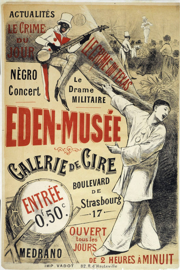 Ein Plakat f├╝r das Eden-Musee Galerie de Cire in Strasbourg, Frankreich, das eine Person zeigt, die ein Musikinstrument spielt, umgeben von anderen Musikern, die verschiedene Instrumente spielen, mit Text, der wahrscheinlich Informationen ├╝ber das Ereignis bereitstellt.