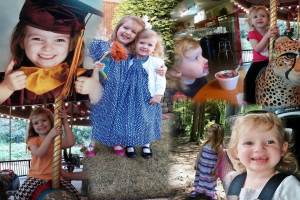 Collage mit lustigen Fahrgeschäften, Kindern, einem Tisch mit Lebensmitteln, Besteck, Lichtern, Grünpflanzen, einem Seil und einem Hut.