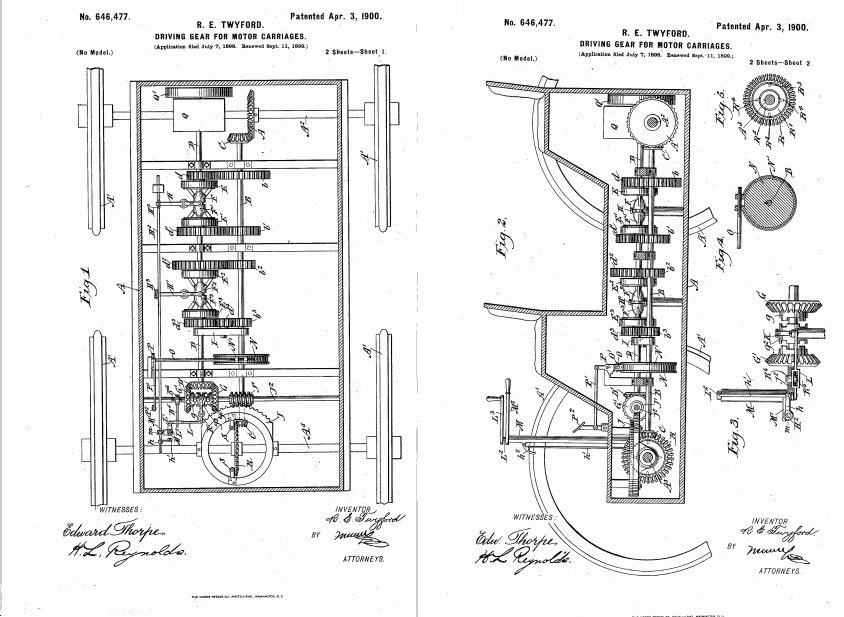 Schwarzes und weißes technisches Zeichnen eines zahnradgefüllten frühen Automobils patent auf weißem Papier mit handgeschriebenem Text.