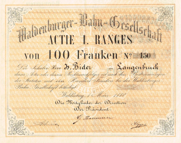 Eine alte deutsche Banknote mit dem Porträt eines Mannes, auf der der Text "Haldenburger-Balm Gesellschaft Actie 1 Ranges" steht.