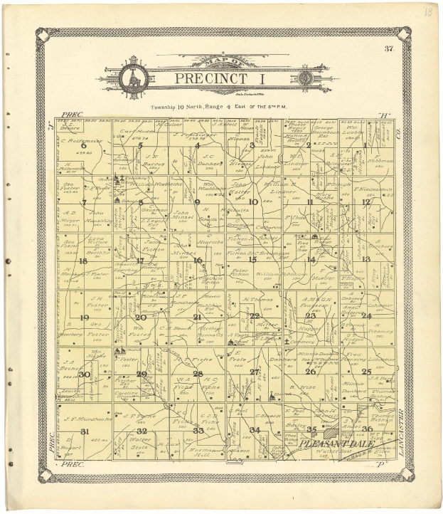 Detailierter alter Stadtplan von Precinct, Iowa, mit Straßen, Parks und Sehenswürdigkeiten mit Text oben und unten.