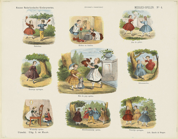 Ein Buch mit Bildern von Kindern, die im Park spielen, umgeben von Baeumen und Gegenstaenden, mit begleitendem Text.