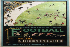 Plakat, das Zuschauer bei einem Fußballspiel in einem Stadion zeigt, betitelt mit 'Fußball unter der Erde - Humours of London Nr. 3.'