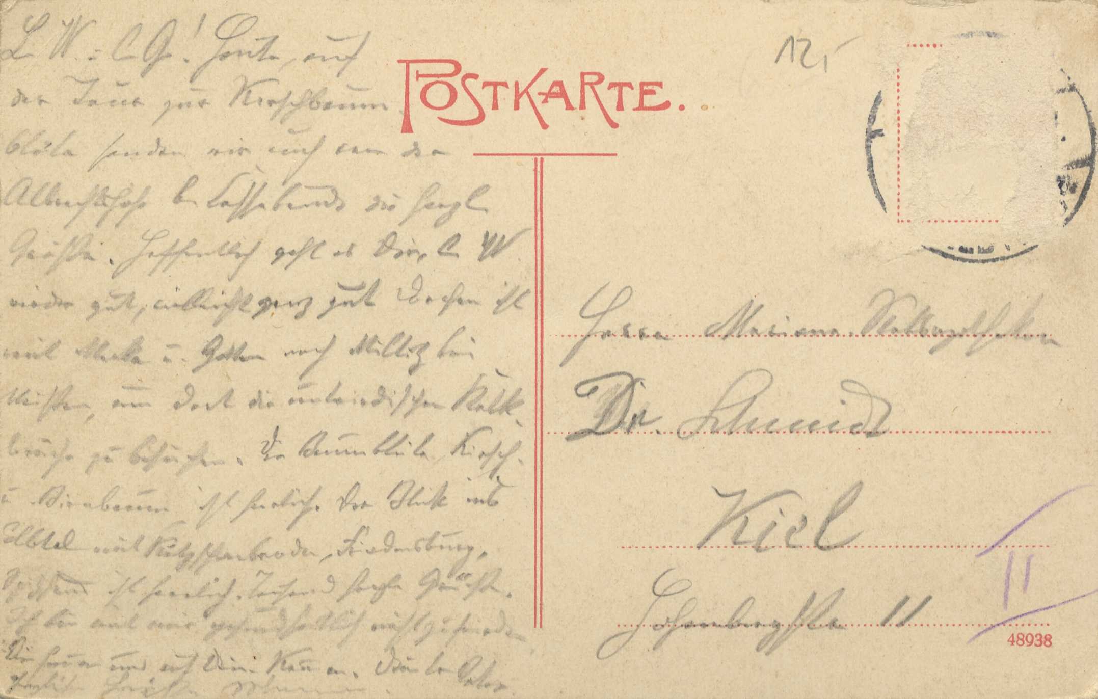Alte Postkarte mit rotem deutschen Stempel und handgeschriebenem Text, wahrscheinlich ein Regierungsbrief.