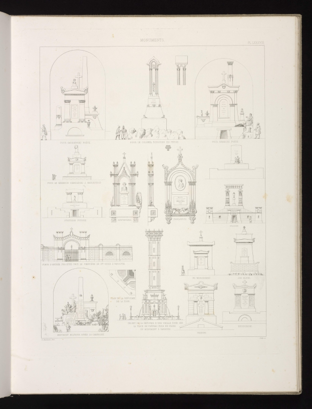 Offenes Buch mit dem Titel "Denkmäler der Französischen Revolution" zeigt Abbildungen verschiedener Denkmäler vor dunklem Hintergrund, wahrscheinlich aus der Library of Congress.