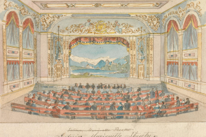 Eine Zeichnung eines Theaterauditoriums mit sitzenden Menschen, detaillierten Wanddesigns, einer beleuchteten Decke und dekorativem Text unten.