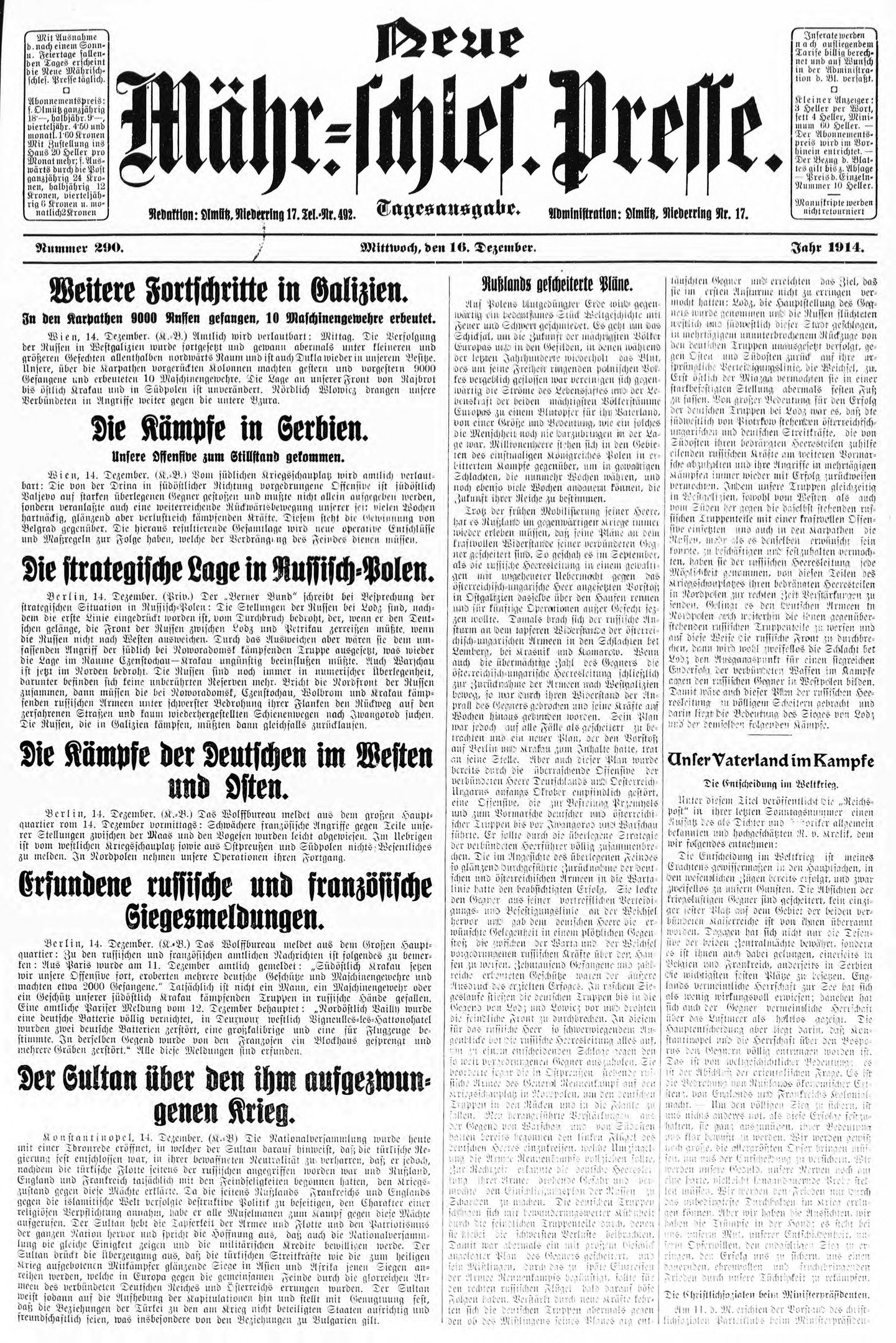Titelseite einer deutschen Zeitung vom 18. September 1914 mit einem Schwarz-Weiß-Porträt eines Mannes im Anzug und der Überschrift "Deutsches Reichstag, Vol 1, No 1".
