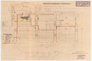 Ein detaillierter Architekturplan des Rosenhof-Krankenhauses in Hamburg, Deutschland, der den Aufbau des Gebäudes mit zahlreichen Drähten und Texten zeigt, die die Räume, Flure und andere Merkmale beschreiben.