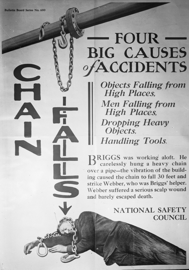 Schwarzer und weißer Plakat mit der Aufschrift "Vier große Unfallursachen" und einem Bild einer Person auf einem Pfahl mit Ketten