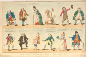 Zeitung mit Abbildungen von Menschen und handgeschriebenem Text, repräsentiert öffentliche Meinungen zu Verfahren.