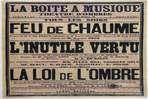 Eine alte Zeitungsanzeige für ein Musiktheater in Paris, Frankreich, mit Text, der die Angebote des Theaters beschreibt.