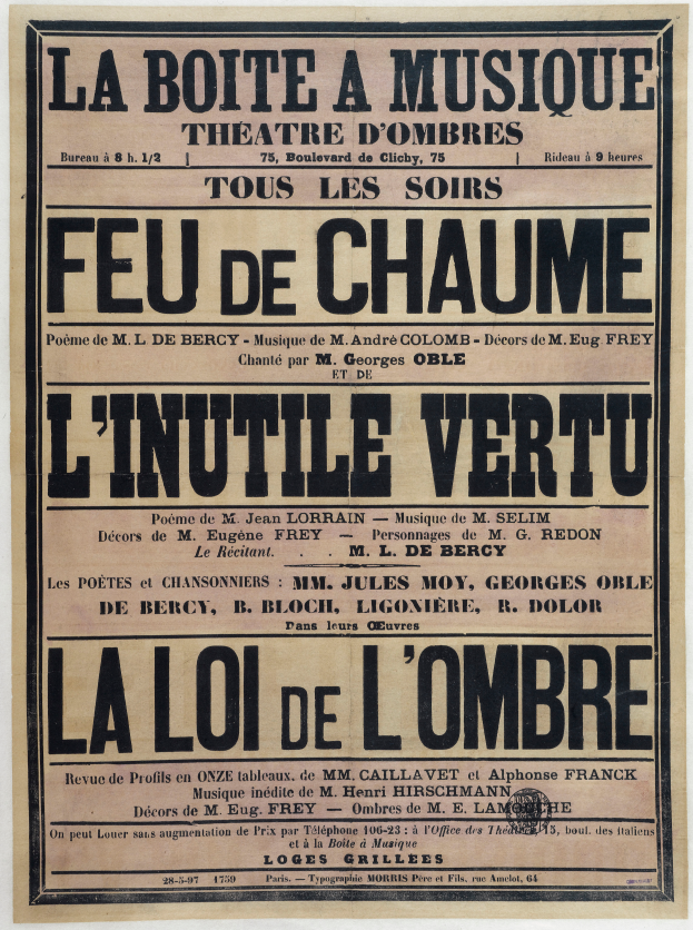 Eine alte Zeitungsanzeige für ein Musiktheater in Paris, Frankreich, mit Text, der die Angebote des Theaters beschreibt.