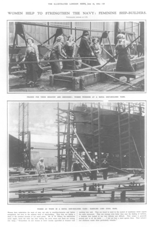 Ein Schwarz-Weiß-Foto einer Gruppe von Frauen, die auf einem Schiff arbeiten, umgeben von Metallstangen und anderen Gegenständen, mit Text oben und unten, der "Frauen stärken die Marine Feminine Schiffbauer".