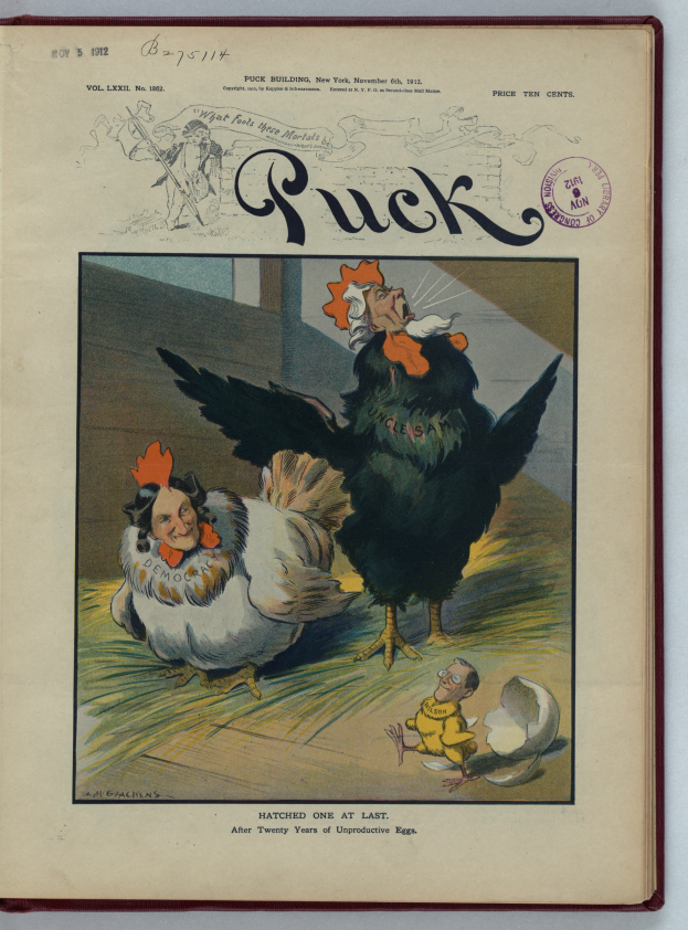 Ein altes Buch mit einem bunt illustrierten Cartoon von zwei Hühner auf dem Cover, auf einer weißen Oberfläche platziert, mit fetter Schrift.