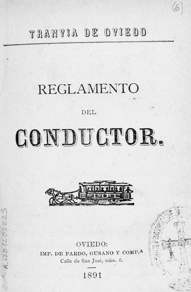 Ein altes Buchdeckblatt mit einer Zeichnung eines Zugs, auf dem der Text 'Reglamento de Conductor' steht und ein Stempel auf der rechten Seite.