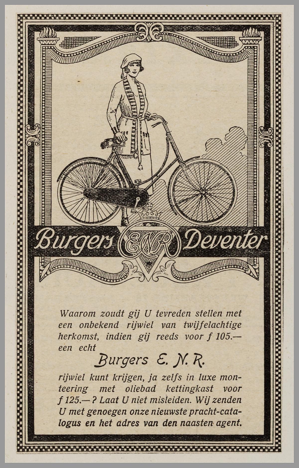Werbeposter für Burgers Deventer zeigt eine Frau auf einem Fahrrad mit Text über die Funktionen.