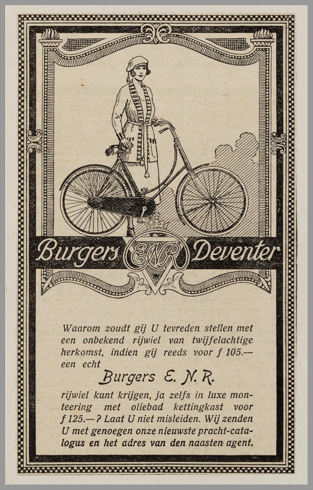 Werbeposter für Burgers Deventer zeigt eine Frau auf einem Fahrrad mit Text über die Funktionen.