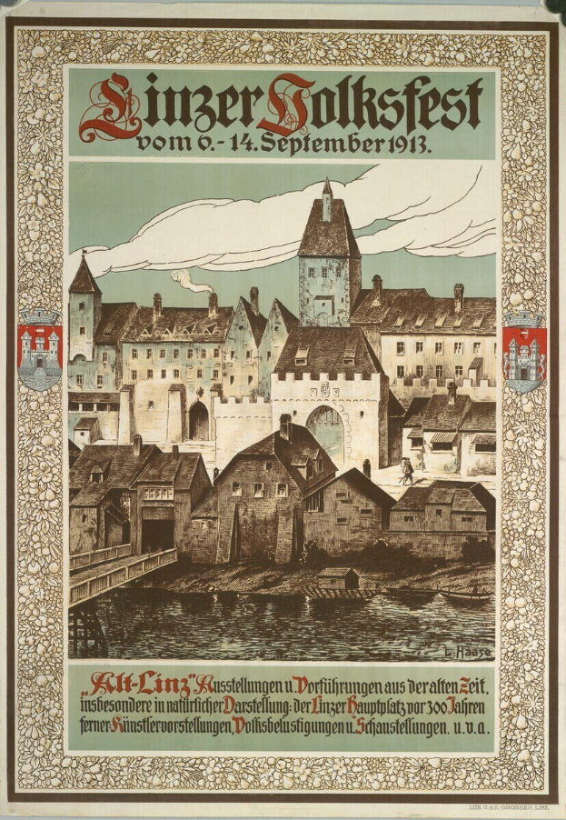Alte deutsche Festivalplakat-Illustration mit einem Schloss und Häusern, begleitet von Text.