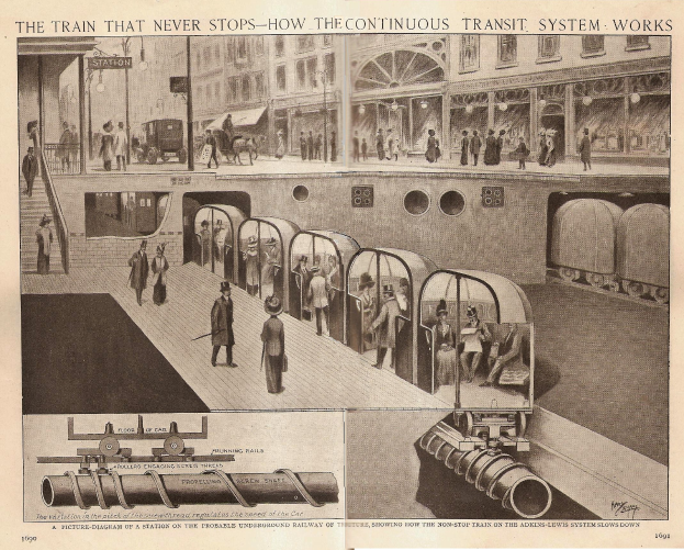 Ein Blatt Papier mit Bildern von Menschen, Zügen und anderen Gegenständen sowie dem Text "Der Zug, der nie aufhört - wie das kontinuierliche Transitsystem funktioniert".