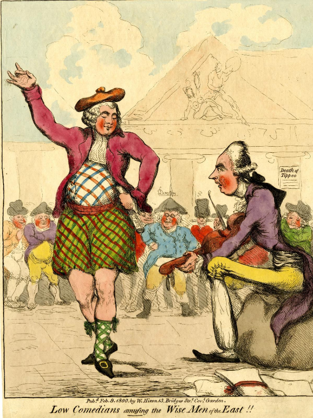 Cartoon eines Mannes in einem Kilt und einer Frau in einem Kleid, die vor einem Publikum auf einer Bühne stehen, mit dem Text unten 'Niedrige Komiker amüsieren die weisen Männer des Ostens'.