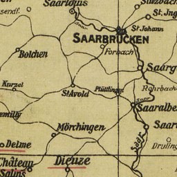 Alte detaillierte Karte von Saarbrücken, Deutschland, mit klassischem Schriftzug, der den Standort der Stadt angibt.