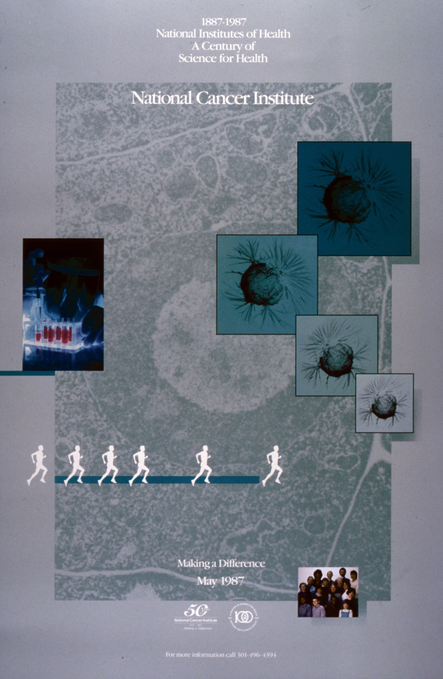 Buntes Plakat für das National Cancer Institute mit einem blauen Hintergrund, fetter weißer Schrift, die "National Cancer Institute" lautet, und überlappenden Kreisbildern von verschiedenen lächelnden Menschen.