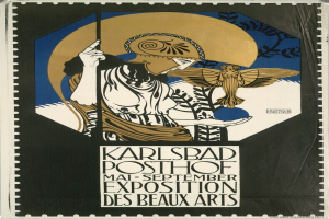 Plakat für die Karlsbader Posthof-Ausstellung der Beaux Arts mit einer Person in einem weißen Kleid mit einem blauen und weißen gemusterten Schultertuch vor einem hellgelben Hintergrund, umgeben von fettem schwarzem Text in einem weißen Rand.